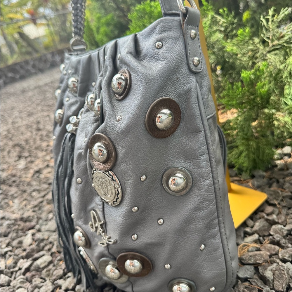 Sharif Gray Leather Studded Hobo Shoulder Bag with Chain Strap & Tassel - Picture 5 of 16
